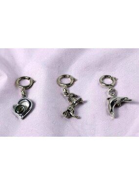 Vintage Set of 3 Spring Ring Clip on Dolphine,Horse,Heart W/Green Glass inset Ch